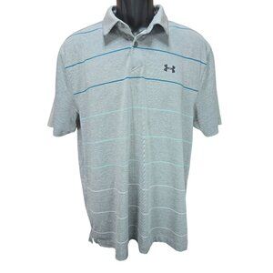 Under Armour Heatgear Mens Polo Shirt Large Gray W/ Blue Stripes Loose Fit